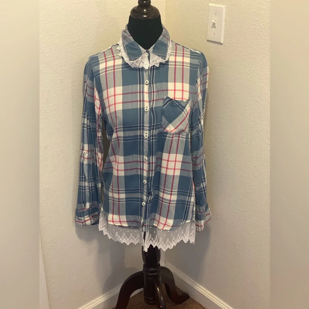 2 FOR $20 Woolrich Blue Plaid Lace Trim Top Blouse Tunic Button Down Size M - Picture 1 of 6